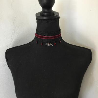 Vintage Gothic , red velvet, & lace wide choker, red rhinestone, bat charms