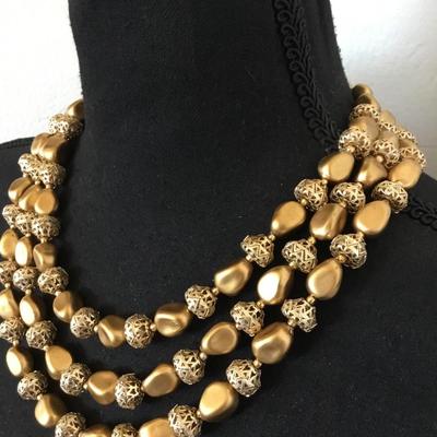 Vintage Hong Kong multi layered gold, toned statement, necklace good condition