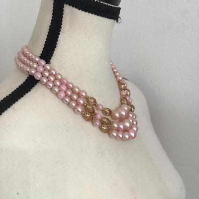 Very beautiful vintage multi strand beaded necklace with a pink pearlescent beads and aurora borealis crystals