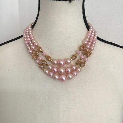 Very beautiful vintage multi strand beaded necklace with a pink pearlescent beads and aurora borealis crystals