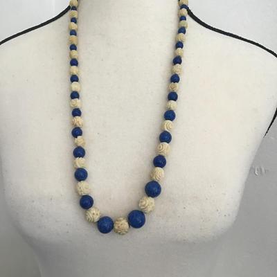 Beautiful, vintage hand, carved pikake flower, celluloid roses with blue polished stones necklace