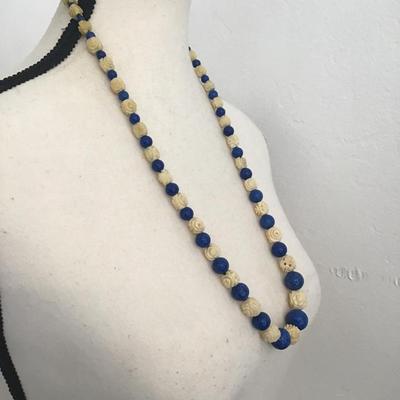 Beautiful, vintage hand, carved pikake flower, celluloid roses with blue polished stones necklace