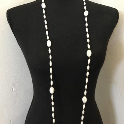 Vintage, long, gold, toned, white beard, flapper style necklace