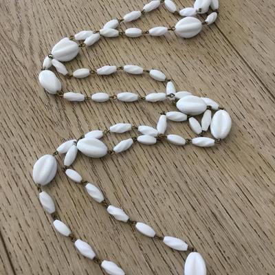 Vintage, long, gold, toned, white beard, flapper style necklace