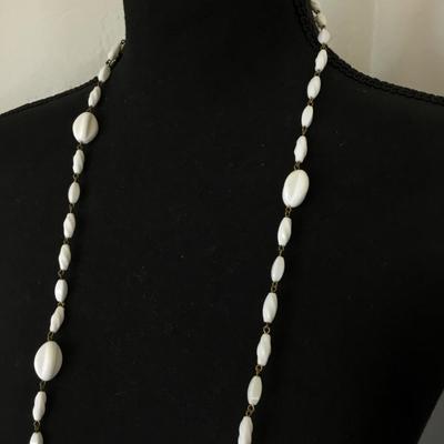 Vintage, long, gold, toned, white beard, flapper style necklace