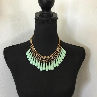 Beautiful, vintage, chunky thick, gold, toned, mint, green bead statement, necklace