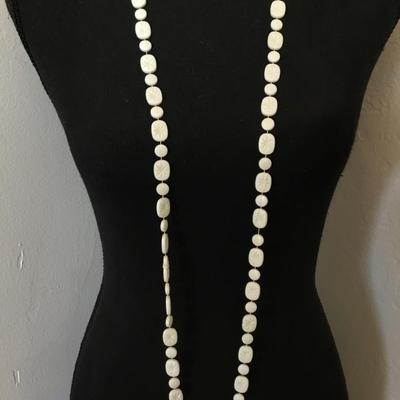 Vintage long, white starburst or snowflake, Lucite type bead, flapper style necklace