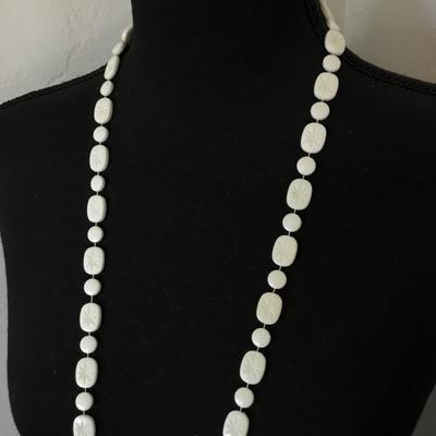 Vintage long, white starburst or snowflake, Lucite type bead, flapper style necklace