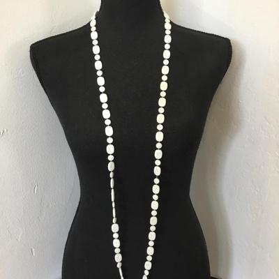 Vintage long, white starburst or snowflake, Lucite type bead, flapper style necklace