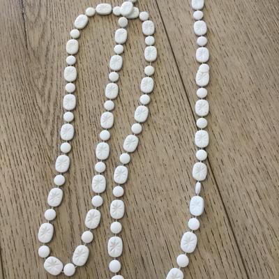 Vintage long, white starburst or snowflake, Lucite type bead, flapper style necklace