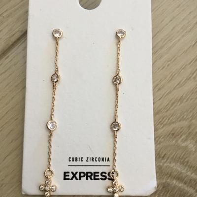 Beautiful gold tone, crystal cross dangle earrings