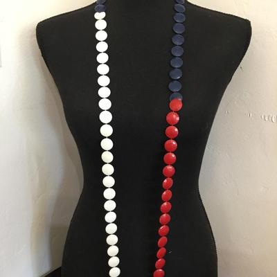 Vintage, red white and blue disc long flapper style necklace