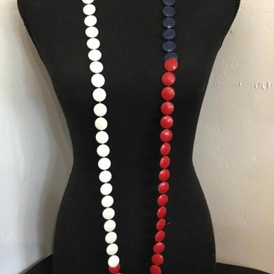 Vintage, red white and blue disc long flapper style necklace