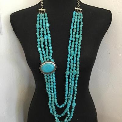 Silver tone faux, turquoise, stone, large, chunky heavy statement necklace
