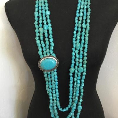 Silver tone faux, turquoise, stone, large, chunky heavy statement necklace