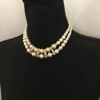 Vintage, faux, pearl rhinestone collar statement, necklace