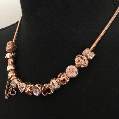Beautiful very nice rose gold, toned, enamel charm and rhinestone charm heart necklace, charm beads