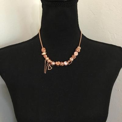 Beautiful very nice rose gold, toned, enamel charm and rhinestone charm heart necklace, charm beads