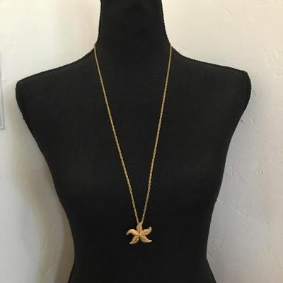 Mid century, gold, toned, starfish, pendant, and chain necklace, long chain