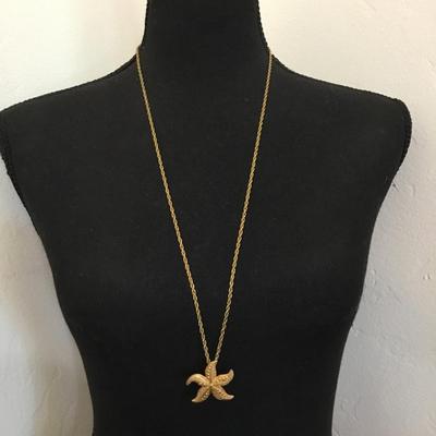 Mid century, gold, toned, starfish, pendant, and chain necklace, long chain