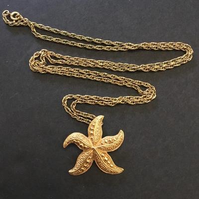 Mid century, gold, toned, starfish, pendant, and chain necklace, long chain