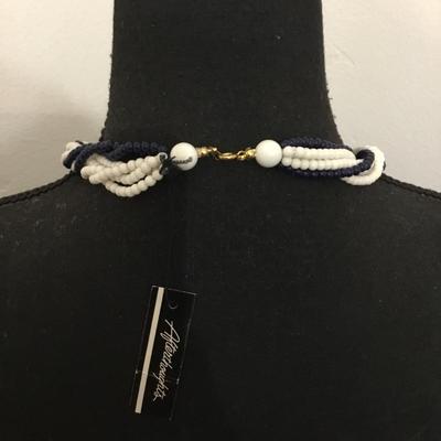 Vintage afterthoughts, dark navy blue white twisted, multi strand bead collar necklace