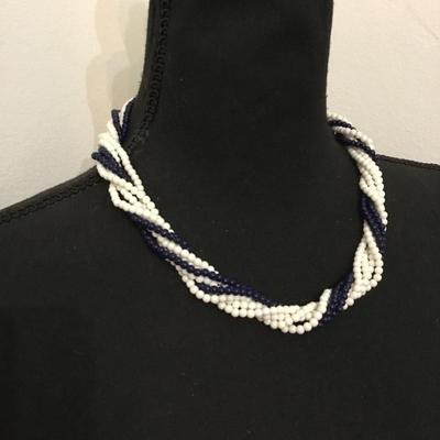Vintage afterthoughts, dark navy blue white twisted, multi strand bead collar necklace