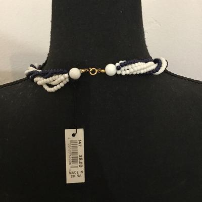 Vintage afterthoughts, dark navy blue white twisted, multi strand bead collar necklace