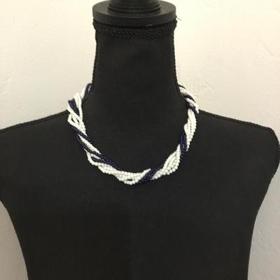 Vintage afterthoughts, dark navy blue white twisted, multi strand bead collar necklace
