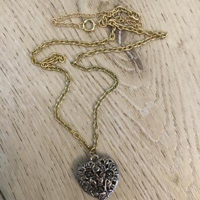 Vintage, silver and gold, toned, puffy, heart vintage necklace