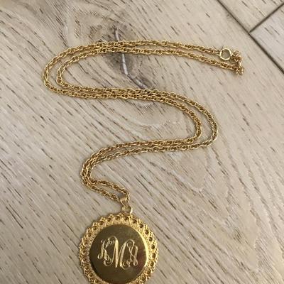 Vintage gold tone monogram, pendant necklace