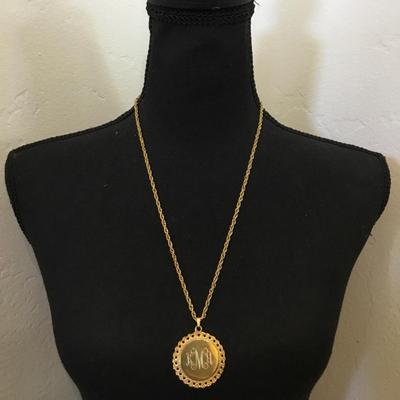 Vintage gold tone monogram, pendant necklace