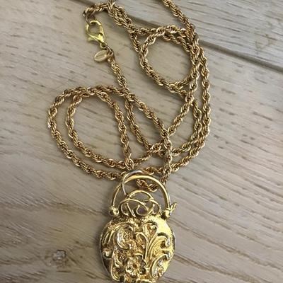 Vintage Monet, gold tone, rhinestone heart pendant necklace