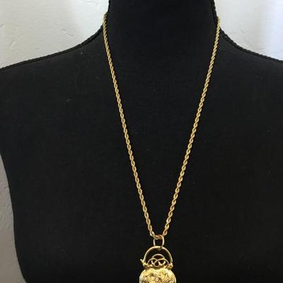 Vintage Monet, gold tone, rhinestone heart pendant necklace