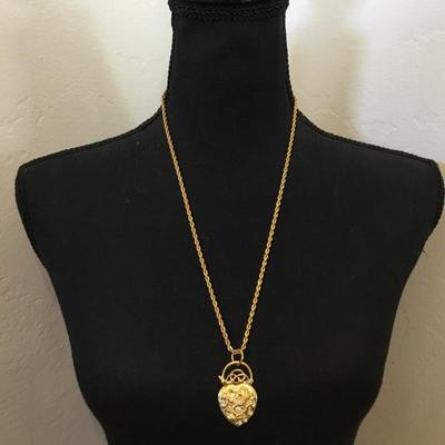 Vintage Monet, gold tone, rhinestone heart pendant necklace