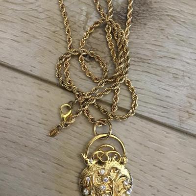 Vintage Monet, gold tone, rhinestone heart pendant necklace