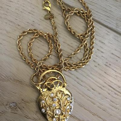 Vintage Monet, gold tone, rhinestone heart pendant necklace