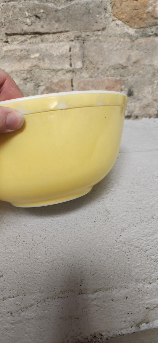 Sale Photo Thumbnail #3: Dishwasher damaged yellow 403 bowl. Note the damage. Butterfly gold Cinderella bowl set. Some damage on that 442 but it is a first generation.