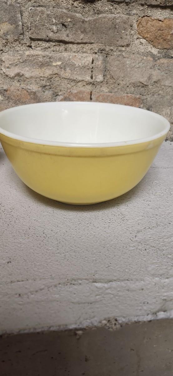 Sale Photo Thumbnail #2: Dishwasher damaged yellow 403 bowl. Note the damage. Butterfly gold Cinderella bowl set. Some damage on that 442 but it is a first generation.