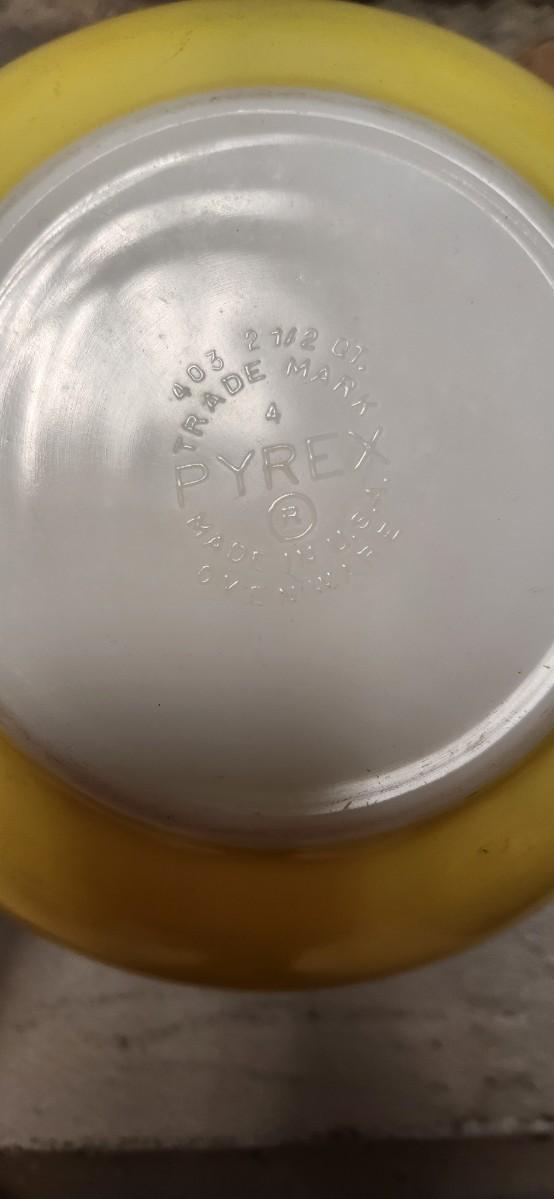 Sale Photo Thumbnail #4: Dishwasher damaged yellow 403 bowl. Note the damage. Butterfly gold Cinderella bowl set. Some damage on that 442 but it is a first generation.