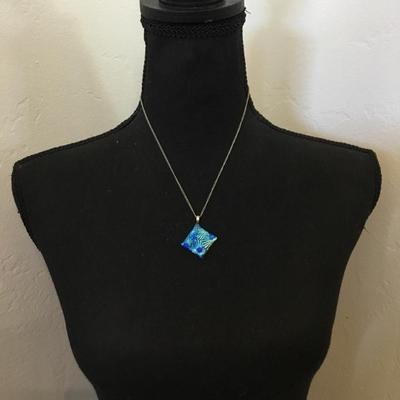 Beautiful, electric blue black art glass pendant, necklace, silver tone chain very beautiful