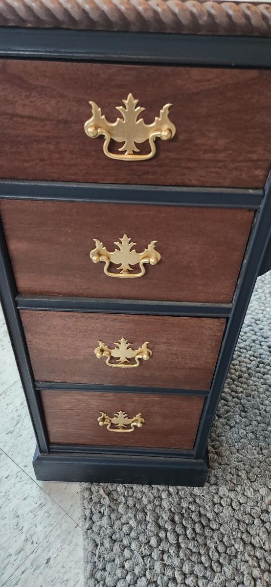 Sale Photo Thumbnail #30: Excellent refinish desk. Painted in very dark navy with mahogony stained from and top. Beautiful rope detail