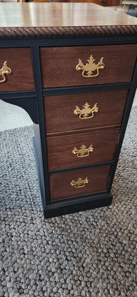 Sale Photo Thumbnail #31: Excellent refinish desk. Painted in very dark navy with mahogony stained from and top. Beautiful rope detail