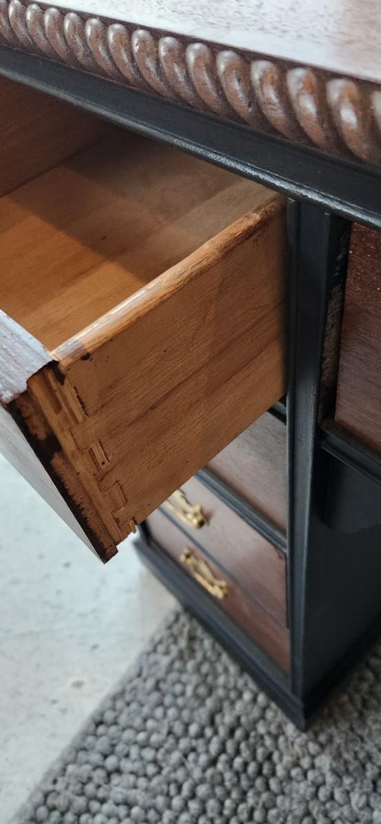 Sale Photo Thumbnail #29: Excellent refinish desk. Painted in very dark navy with mahogony stained from and top. Beautiful rope detail