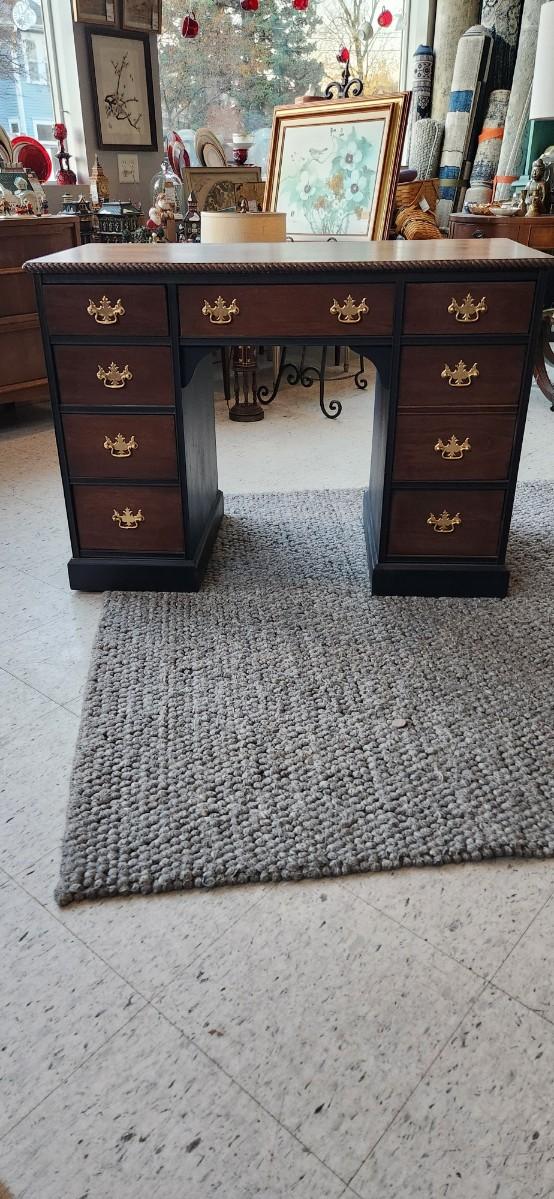 Sale Photo Thumbnail #23: Excellent refinish desk. Painted in very dark navy with mahogony stained from and top. Beautiful rope detail