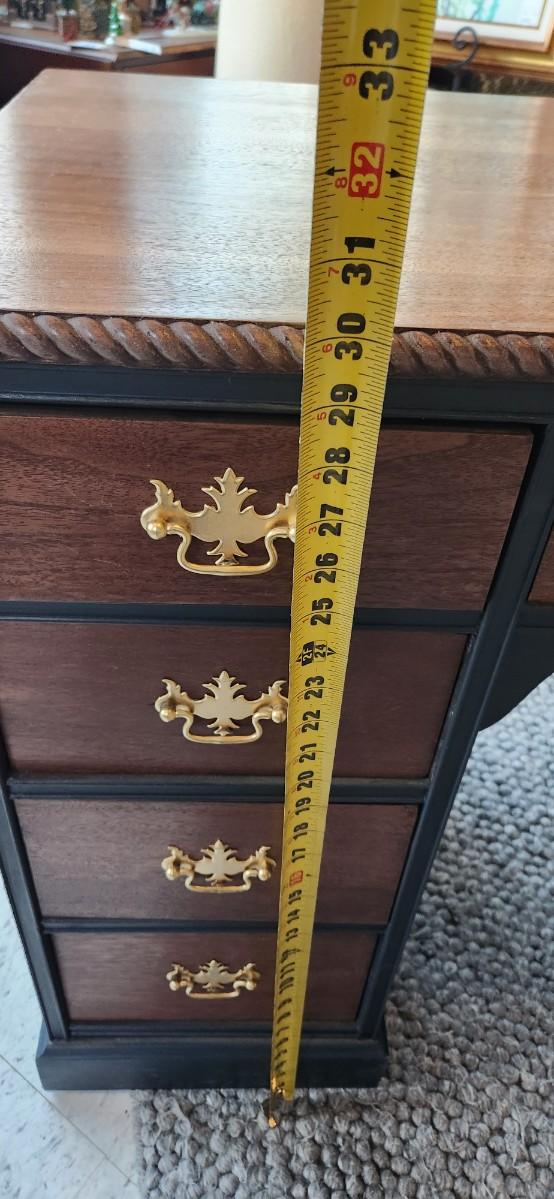 Sale Photo Thumbnail #28: Excellent refinish desk. Painted in very dark navy with mahogony stained from and top. Beautiful rope detail