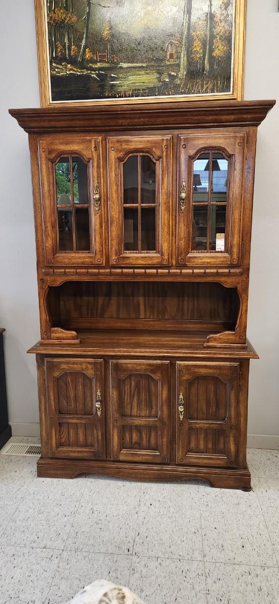 Sale Photo Thumbnail #32: Solid wood china hutch with a single light and single glass shelf in the top piece. 2 pieces but bring help to load