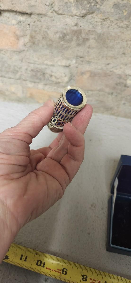 Sale Photo Thumbnail #52: Beautiful set of 4 cobalt glass shakers with silver casing and tops. Still have the original box