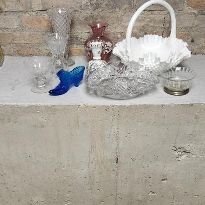 Mess of glassware - some as is- hobnail basket