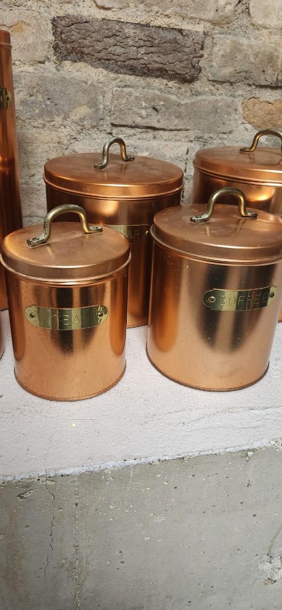 Sale Photo Thumbnail #76: Great set of copper colored aluminum canisters. Pasta, utensils, flour, sugar....